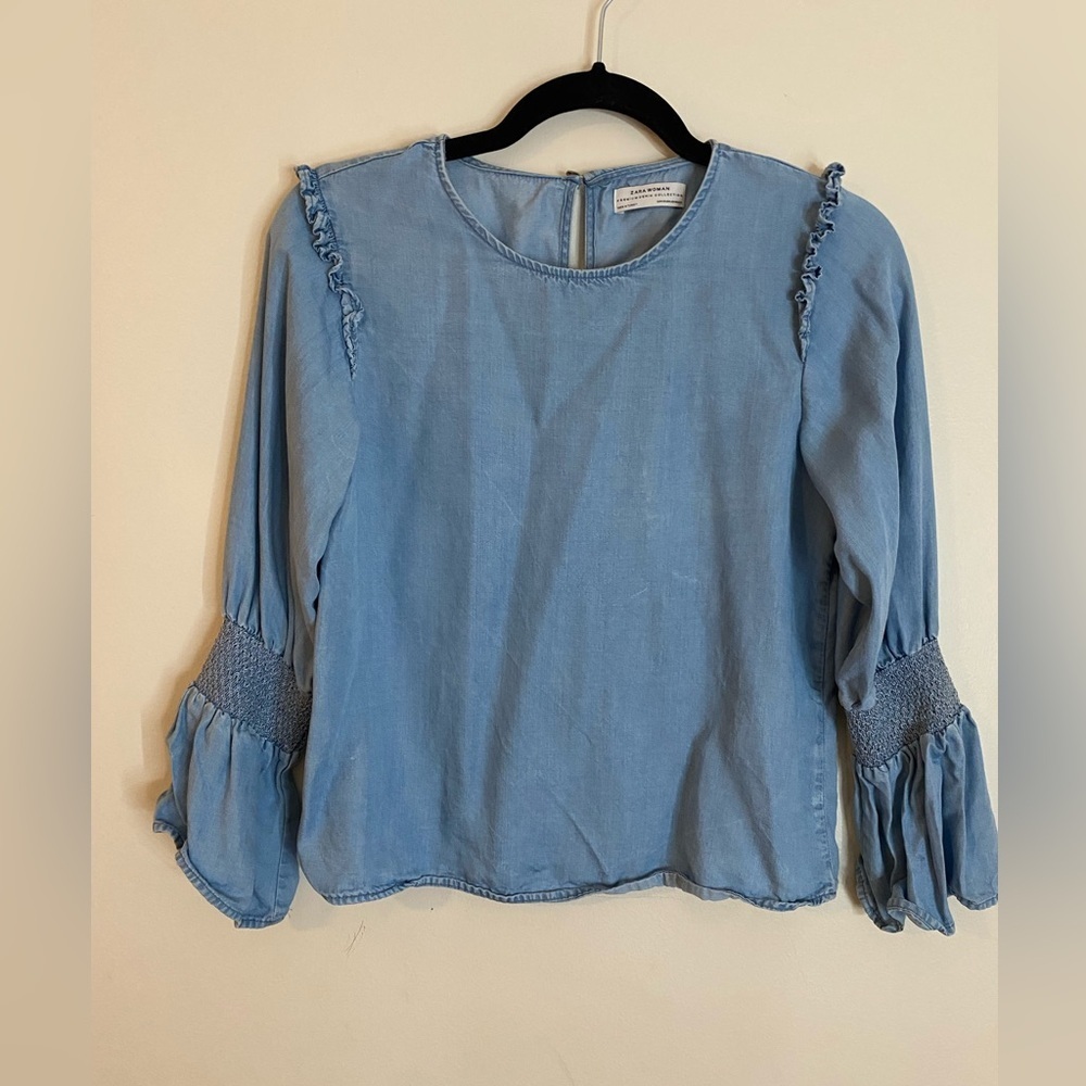 Zara Light Blue Denim Blouse with Bell sleeves and ruffles